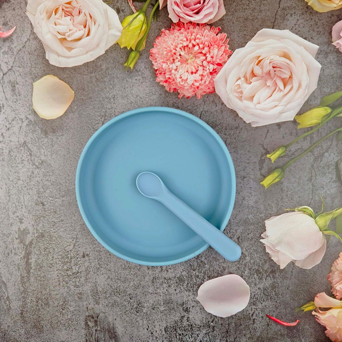 Summerville Organic Tallerken og skje i silikon, stone blue